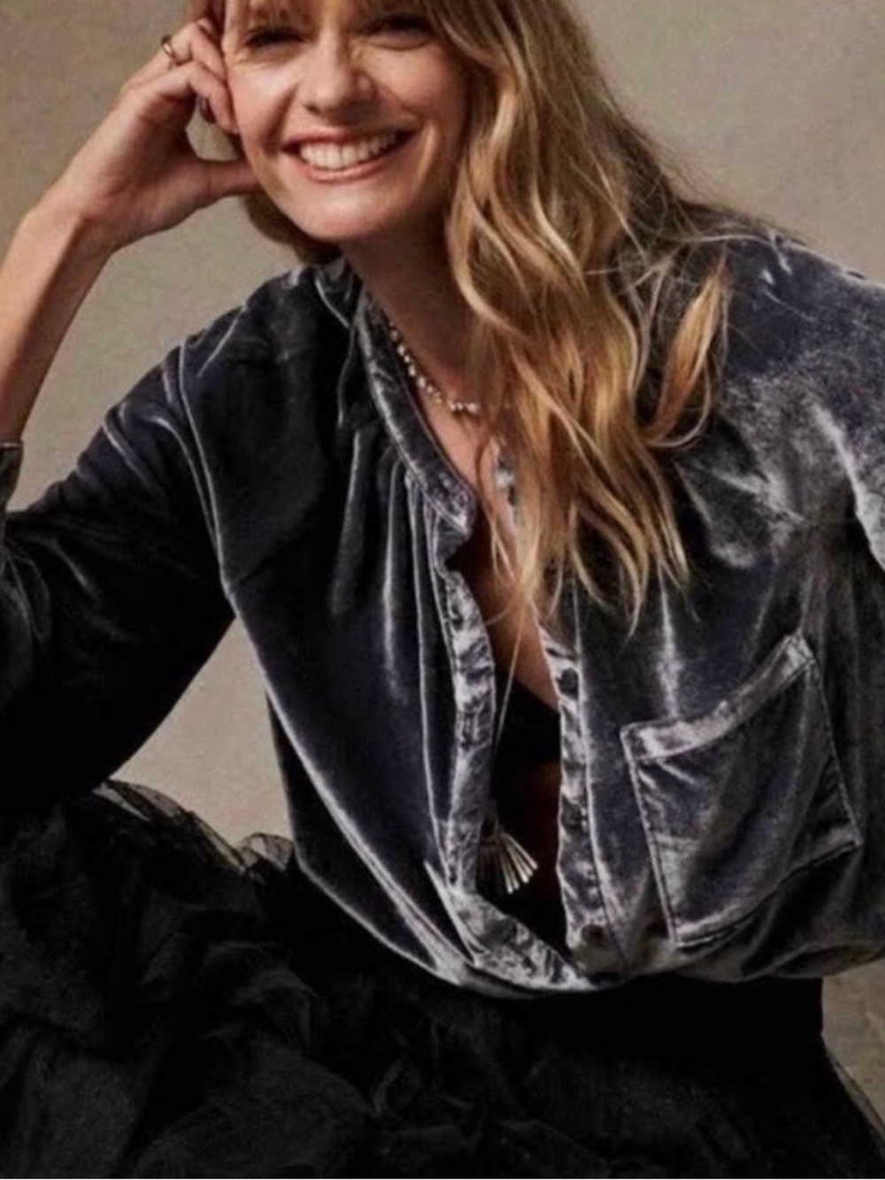 Anthropologie Pilcro Crushed Velvet Button Front Shirt Blouse Gray S